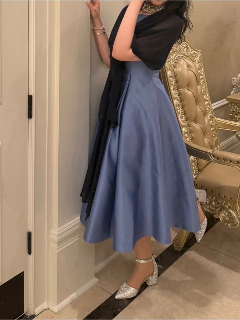 Elegant Blue Satin A-Line Midi Skirt